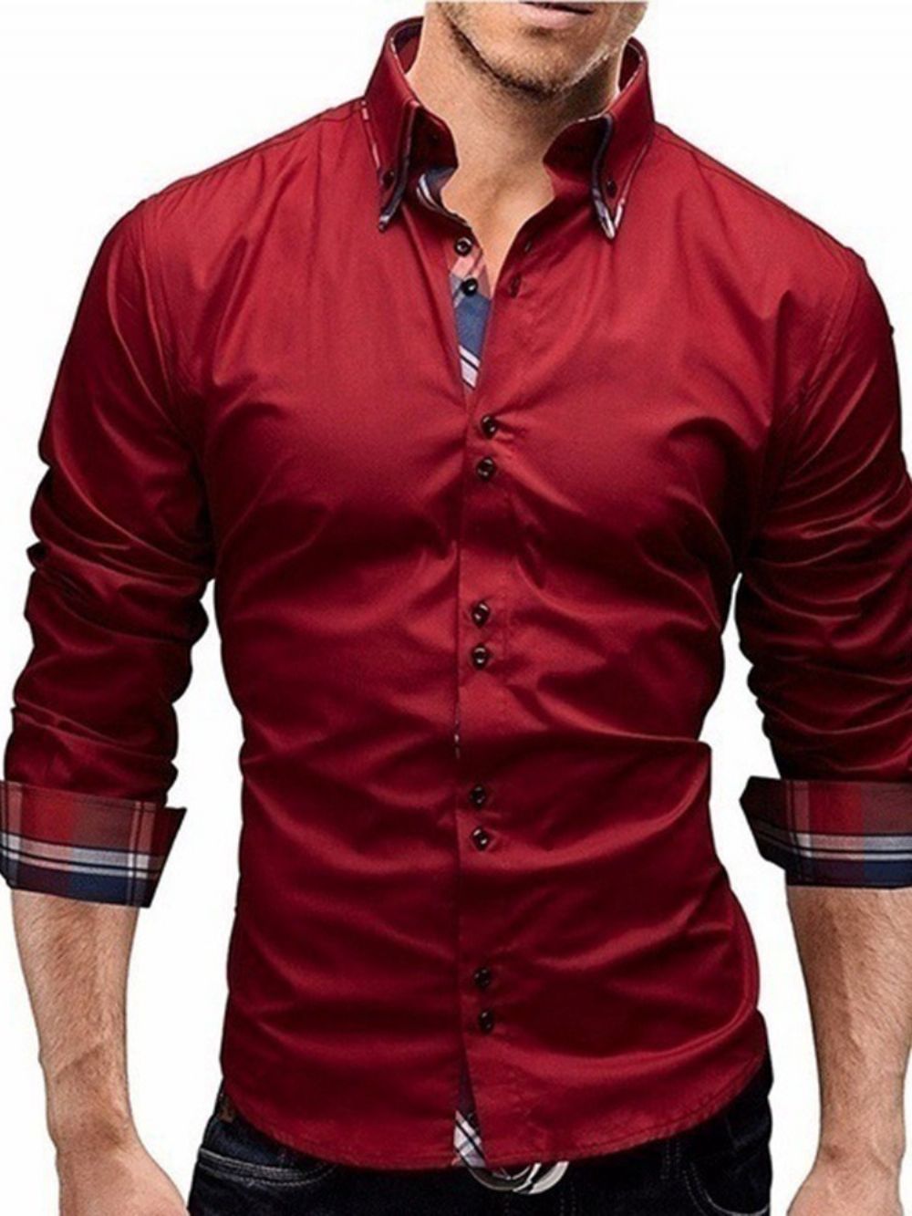 Camisa Masculina Slim Com Estampa Xadrez Casual Com Botão De Lapela