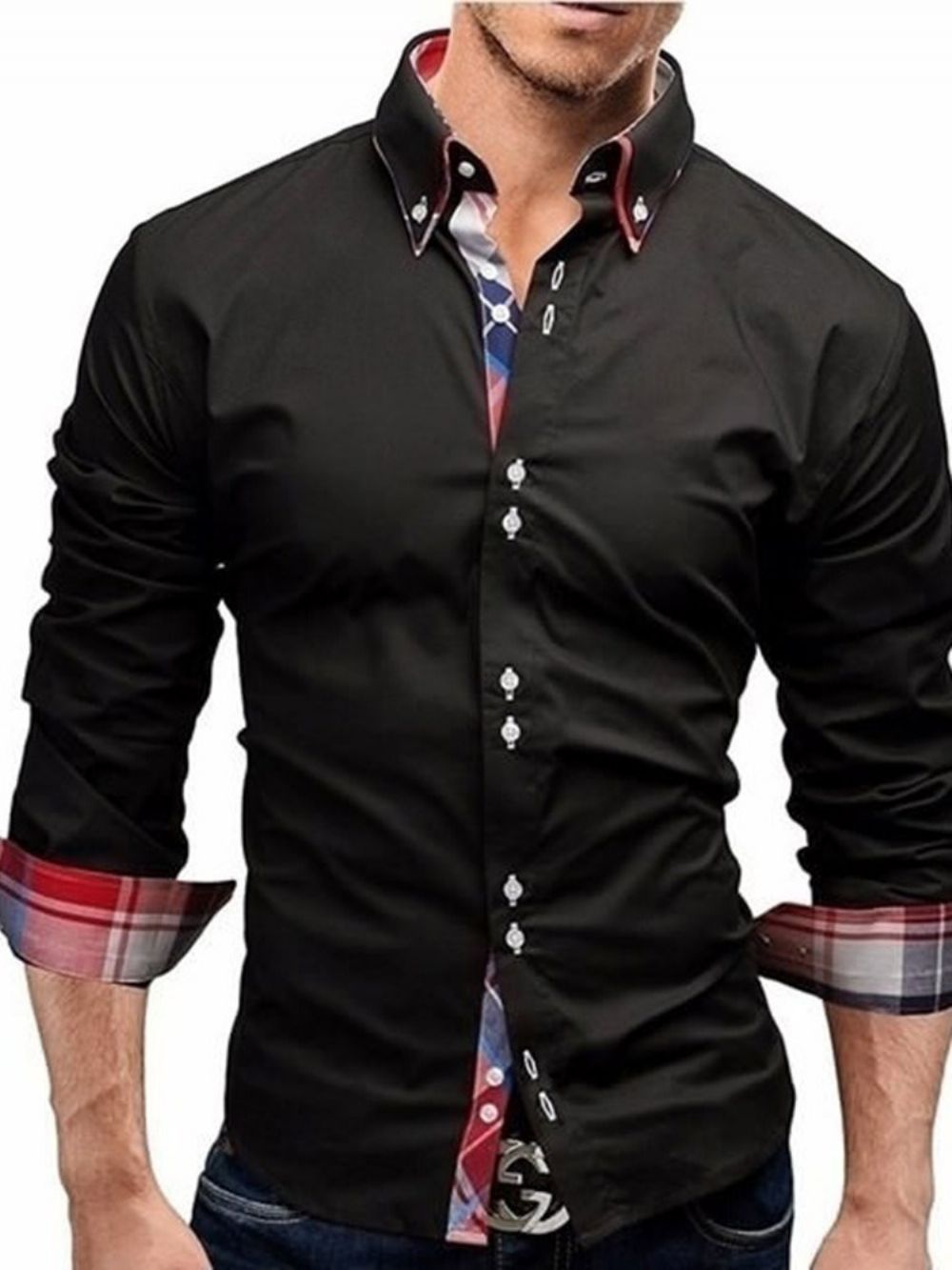 Camisa Masculina Slim Com Estampa Xadrez Casual Com Botão De Lapela