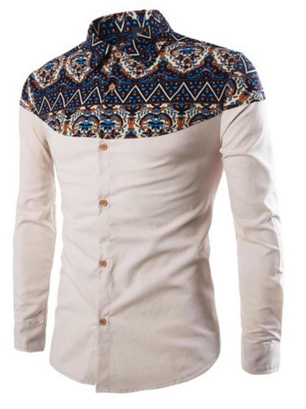 Camisa Masculina Slim Com Lapela Casual Patchwork