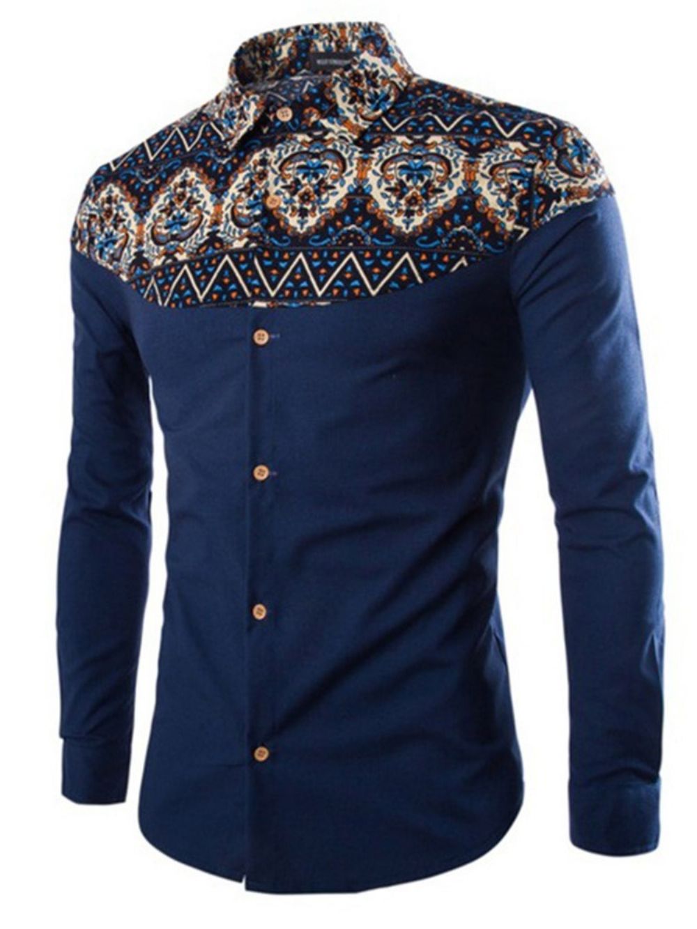 Camisa Masculina Slim Com Lapela Casual Patchwork