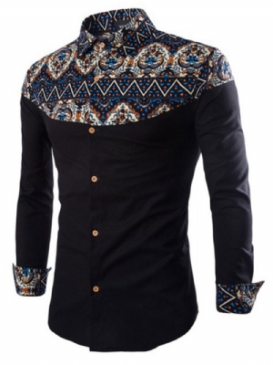 Camisa Masculina Slim Com Lapela Casual Patchwork