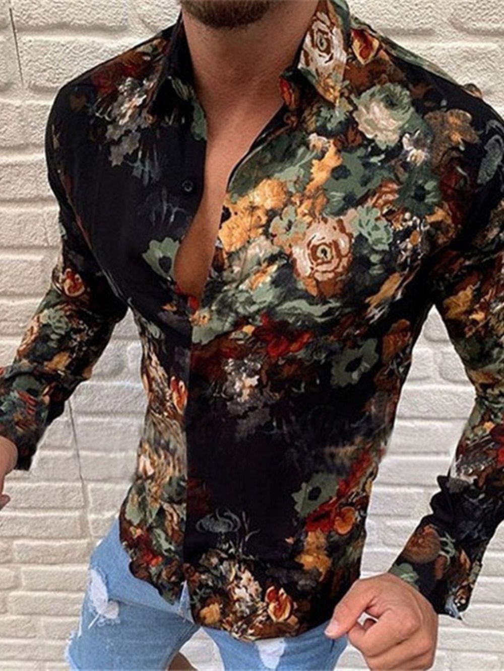 Camisa Masculina Slim Com Lapela Floral Moda Trespassada