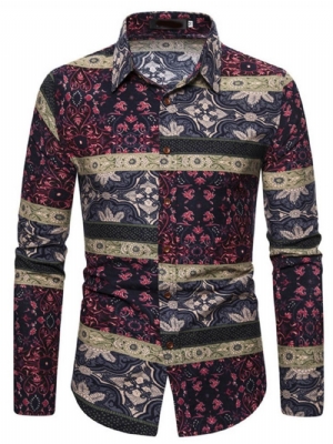 Camisa Masculina Slim Estampa Floral Lapela Trespassada