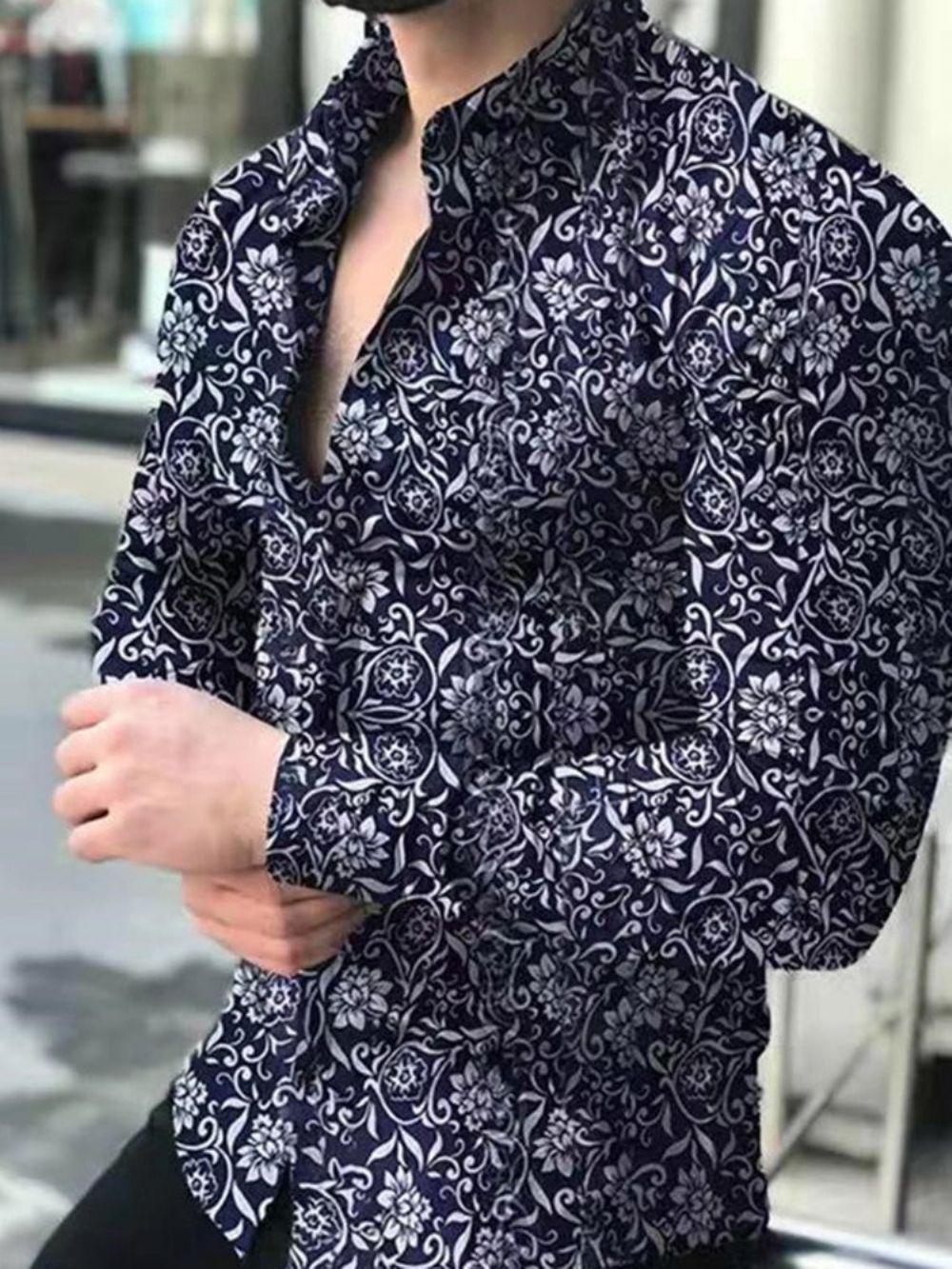 Camisa Masculina Slim Floral Casual Lapela Trespassada