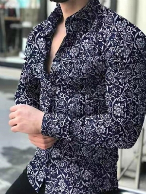 Camisa Masculina Slim Floral Casual Lapela Trespassada