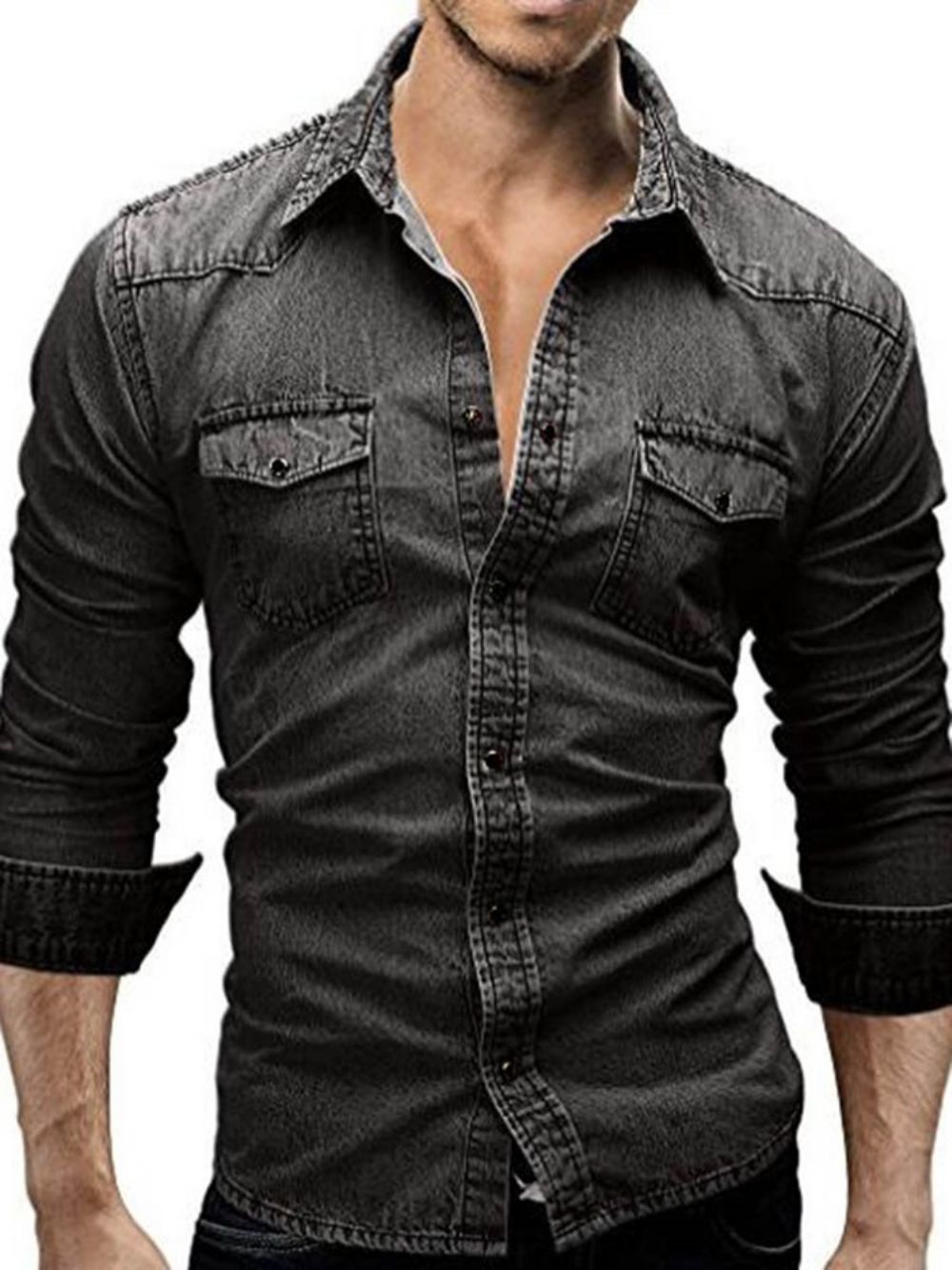 Camisa Masculina Slim Manga Longa Bolso Jeans