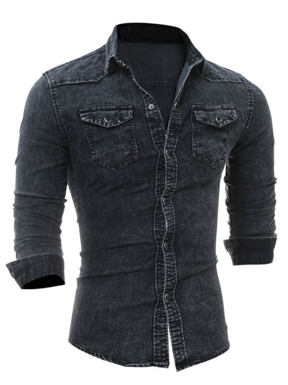 Camisa Masculina Slim Manga Longa Bolso Jeans