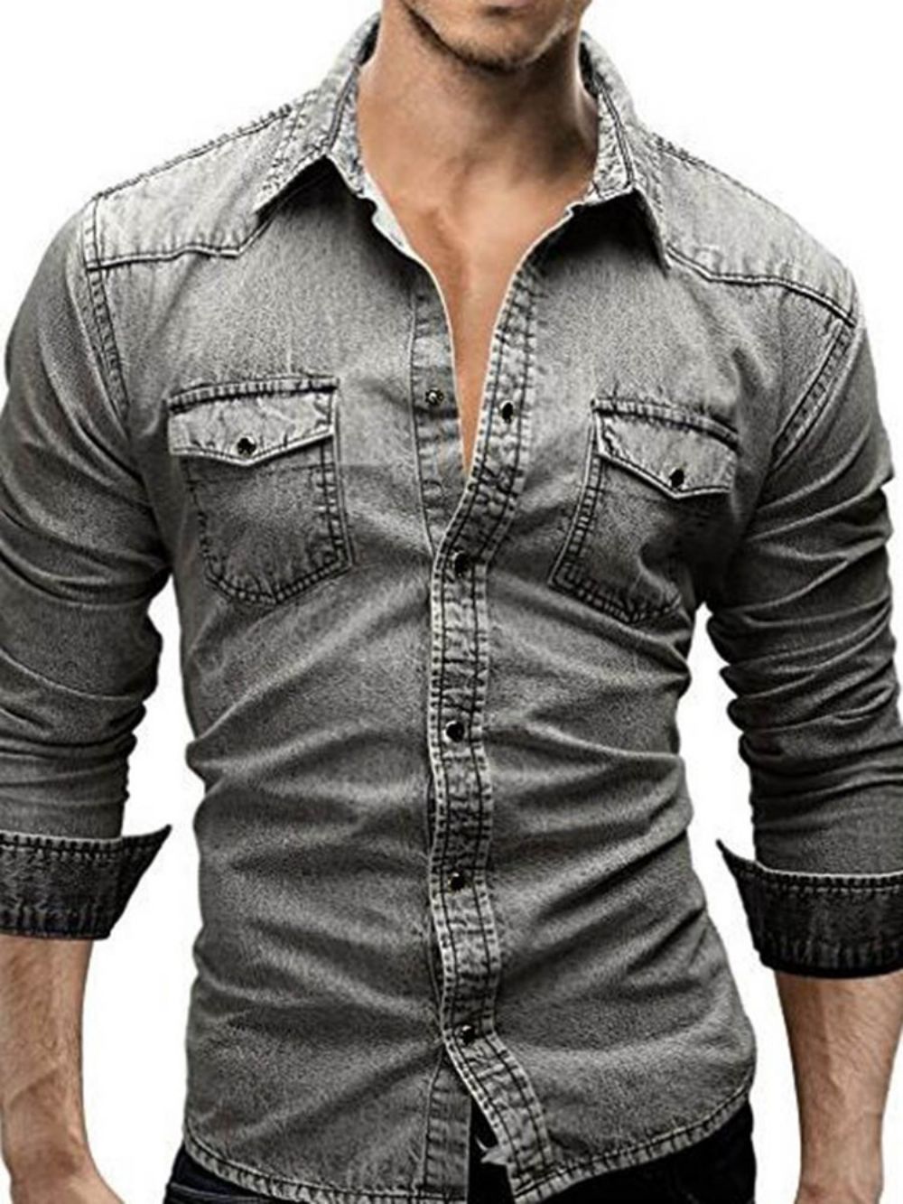 Camisa Masculina Slim Manga Longa Bolso Jeans