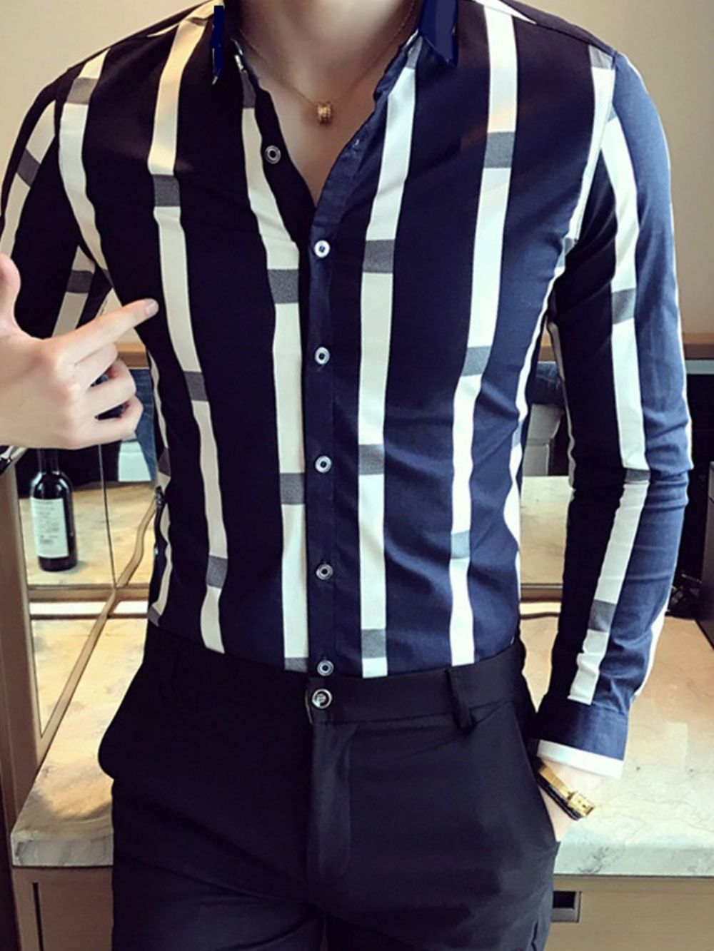 Camisa Masculina Slim Patchwork Lapela Color Block