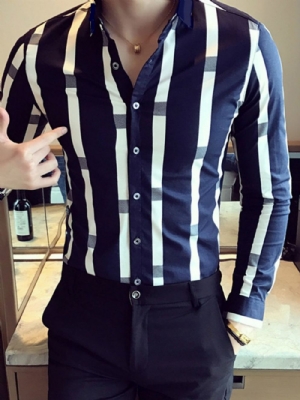 Camisa Masculina Slim Patchwork Lapela Color Block