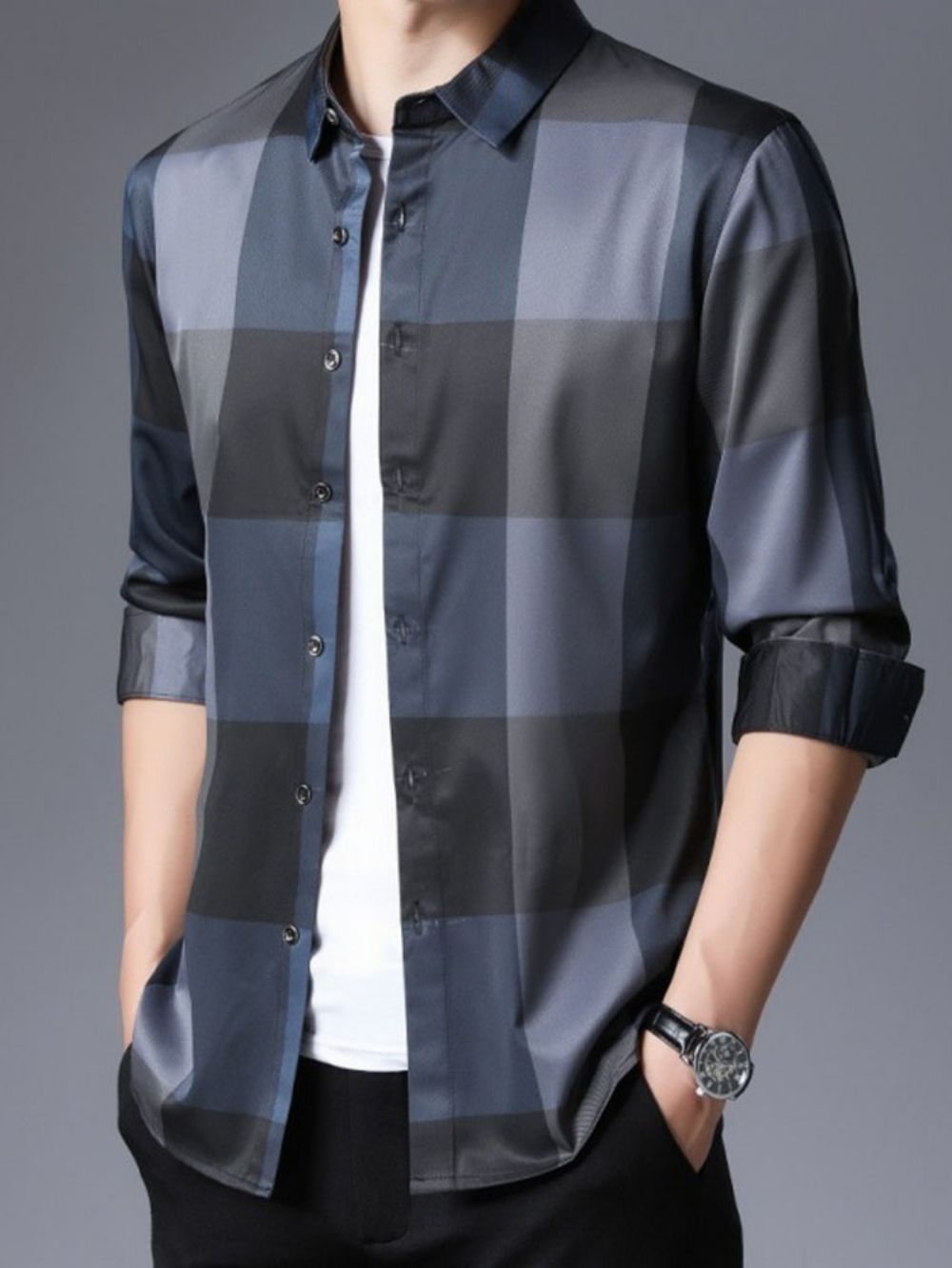 Camisa Masculina Xadrez Xadrez Casual Estampada