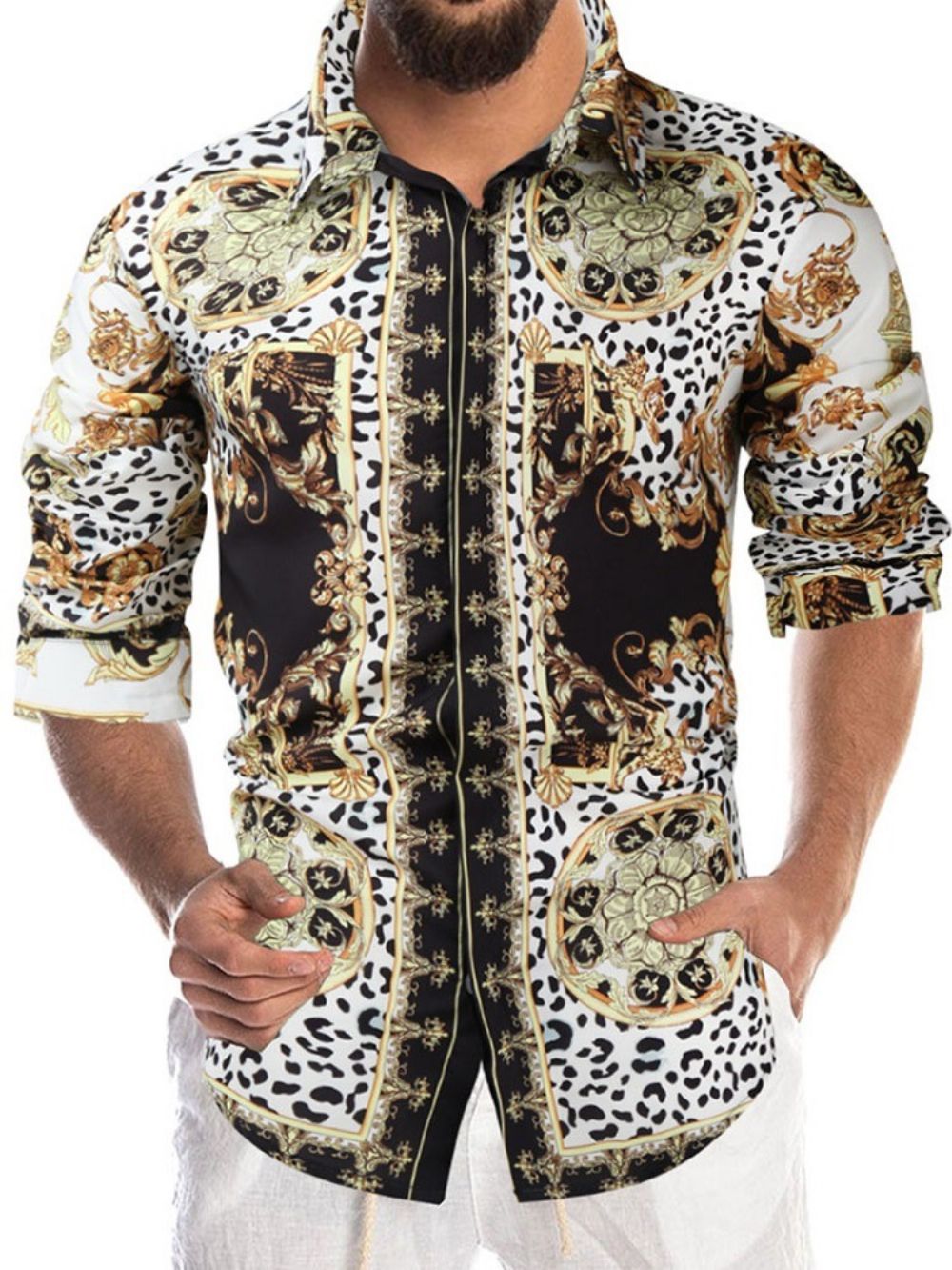 Camisa Slim Com Estampa De Leopardo E Lapela Outono