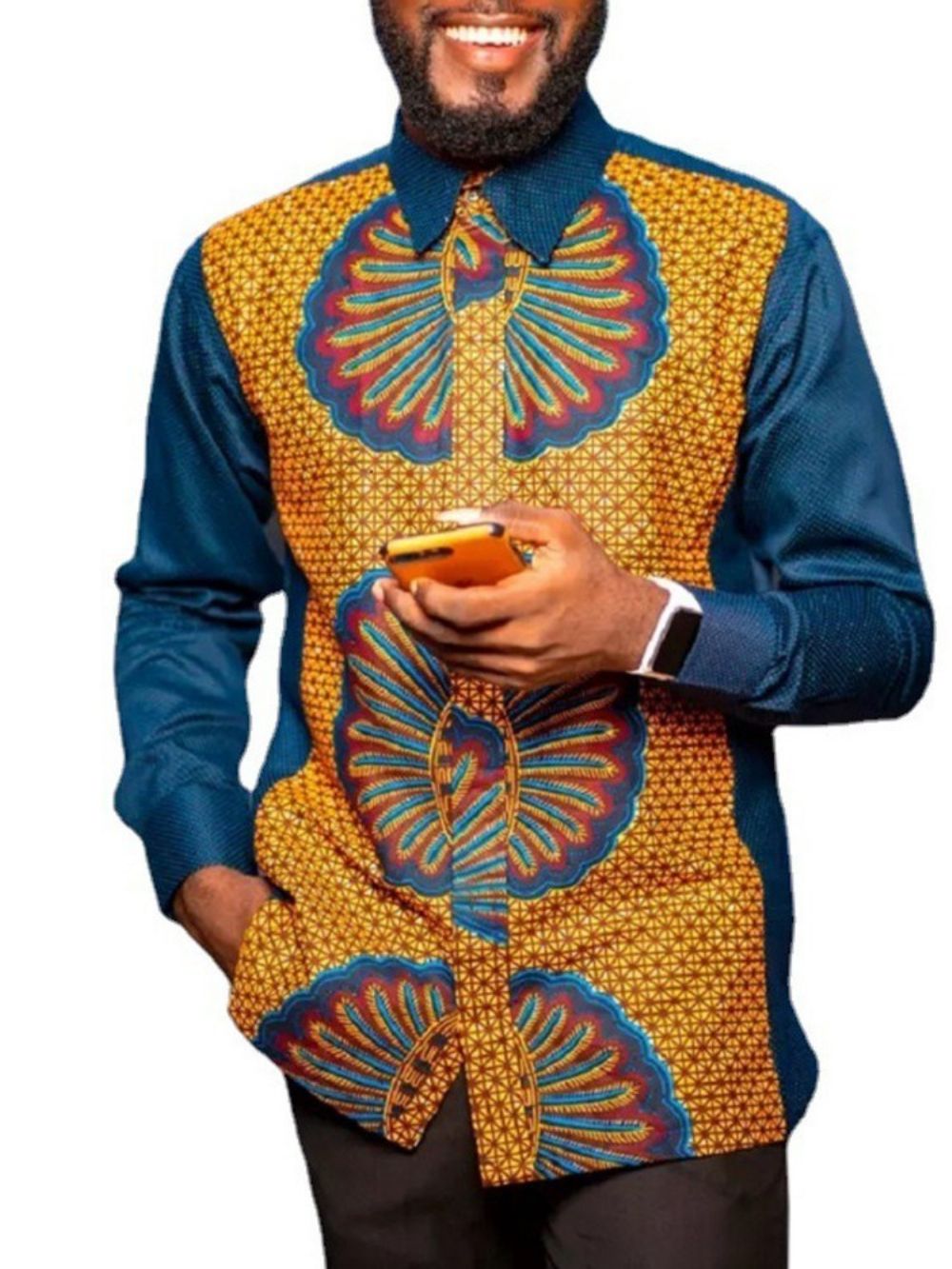 Camisa Slim Estilo Étnico Africano Com Botão De Lapela E Trespassado Simples