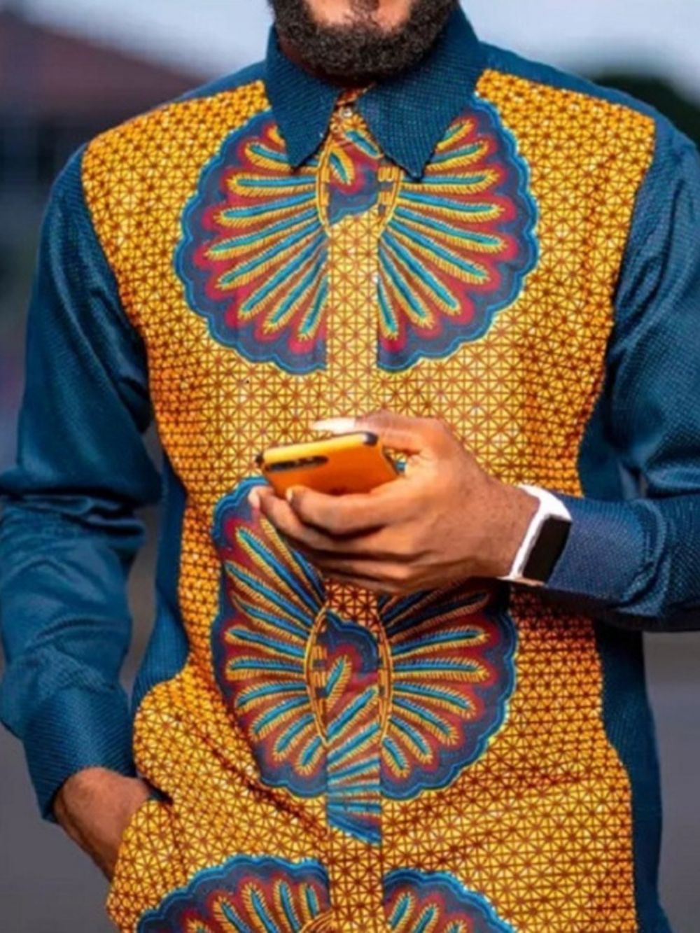 Camisa Slim Estilo Étnico Africano Com Botão De Lapela E Trespassado Simples