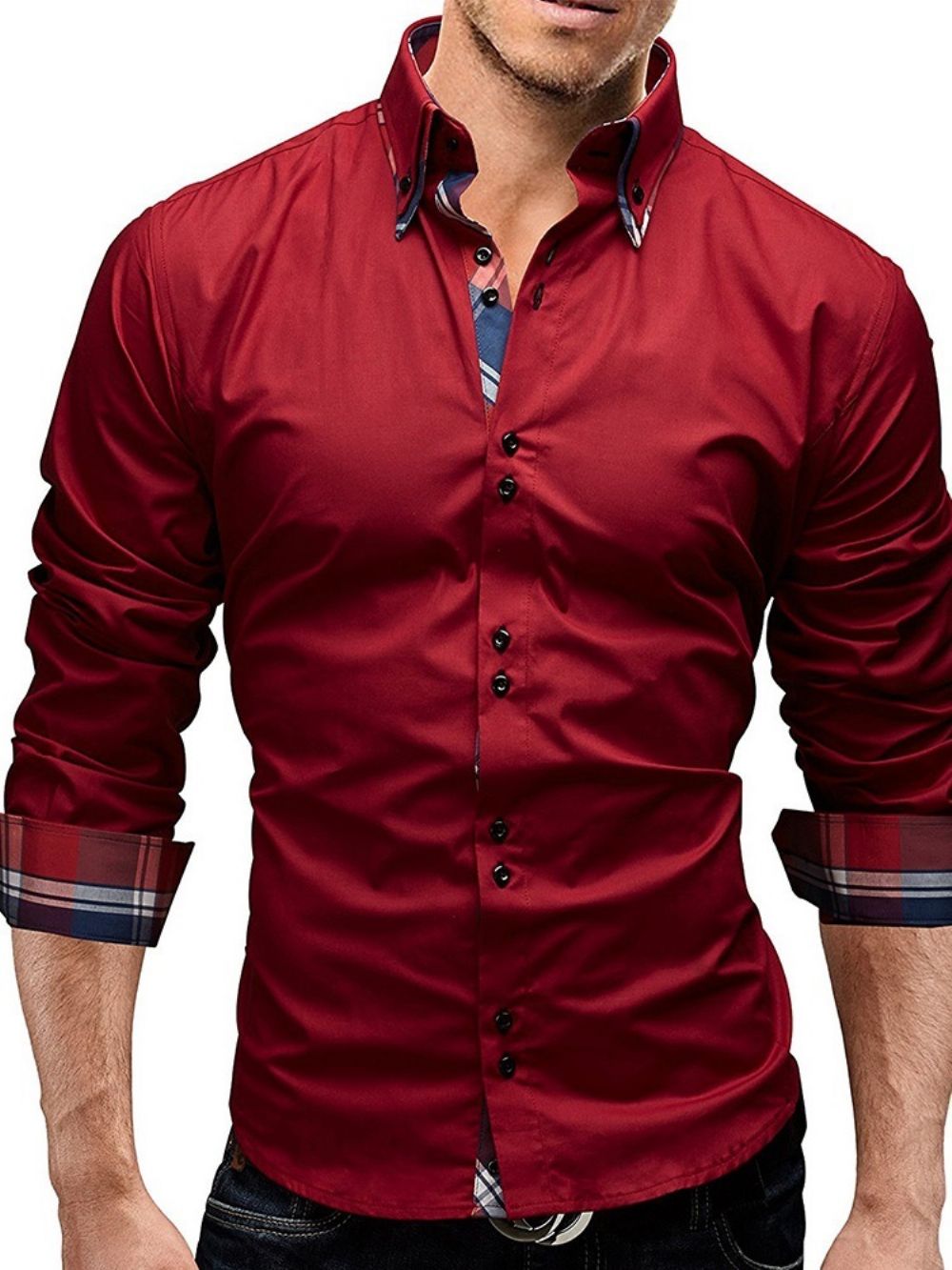 Camisa Slim Europeia Xadrez Com Lapela