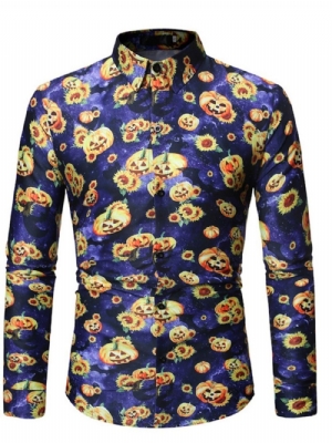 Camisa Slim Floral Casual Com Lapela Masculina Para Halloween