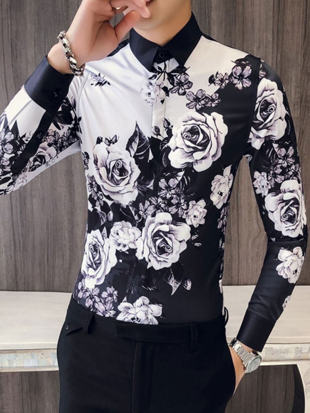 Camisas De Festa Masculinas Slim Com Estampa Floral Color Block